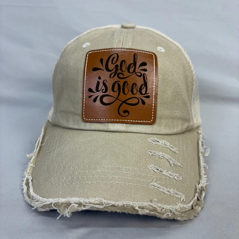 God Is Good Christian Leather Patch Distressed Trucker Hat Snapback Cap Tan